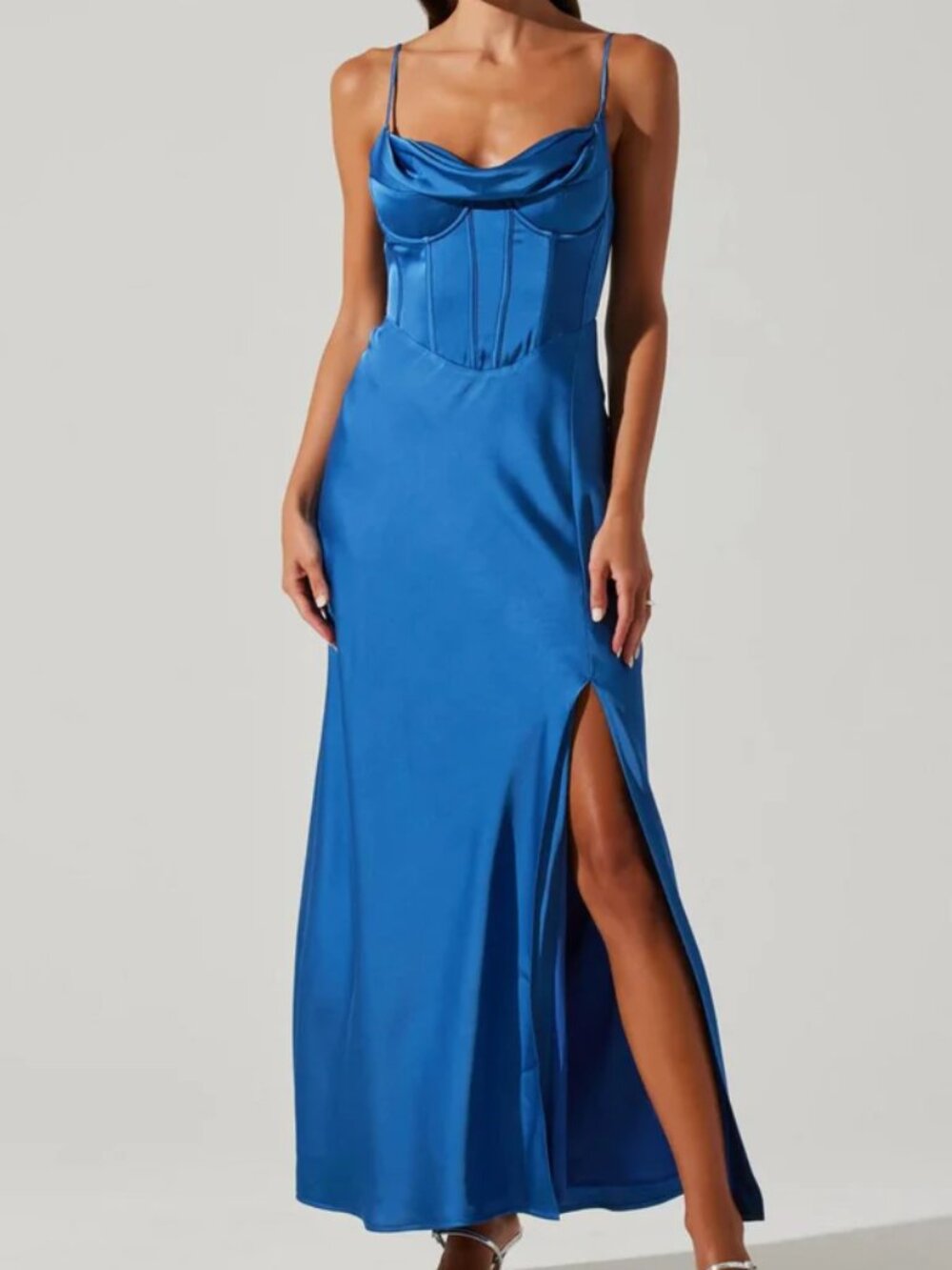 ASTR the Label Cannes Maxi Dress Denim Blue L Satin Bustier Corset Wedding Guest